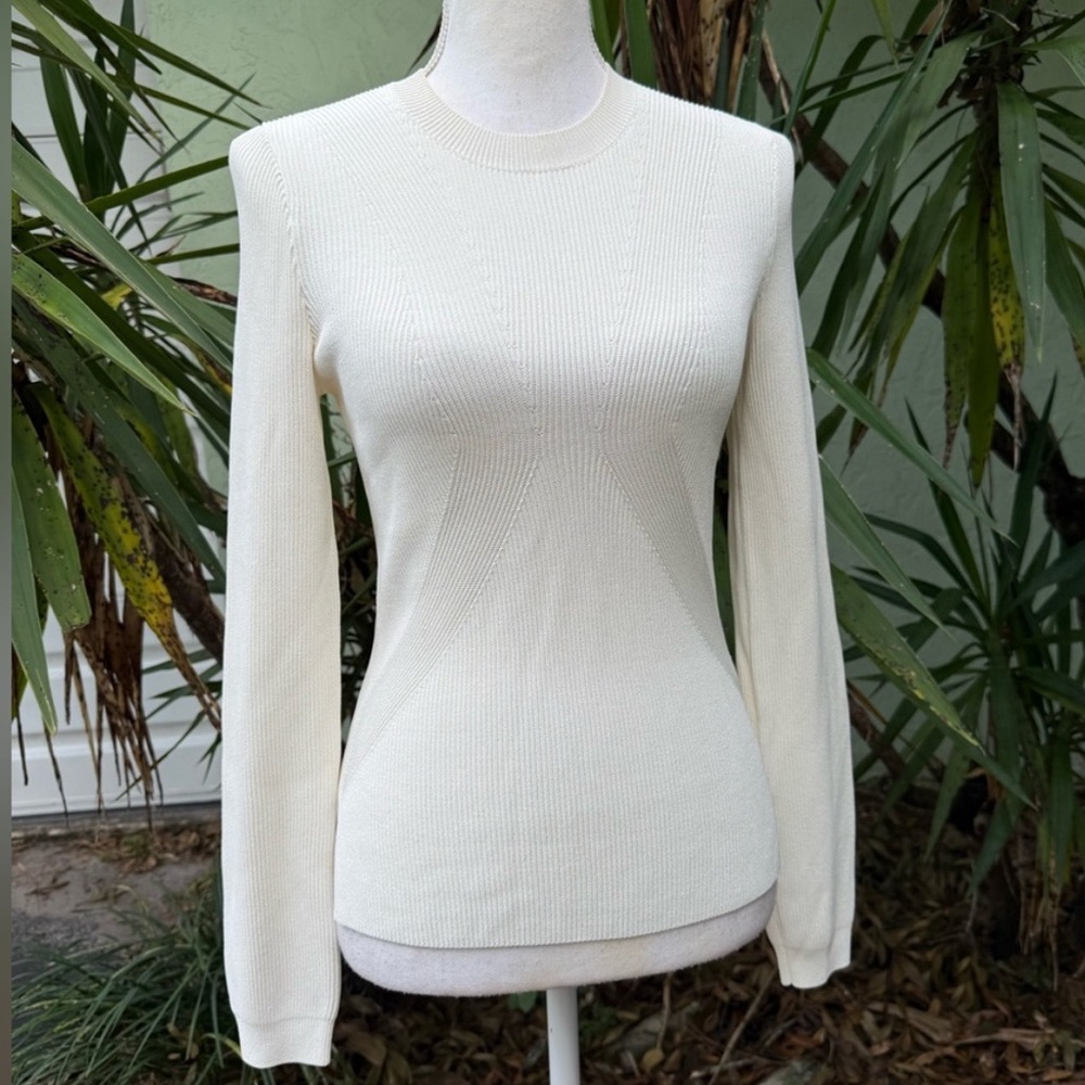 NWT Partow Krista Crew Sweater Cream White Long Sleeve Rib Top Italian Designer - Picture 2 of 7